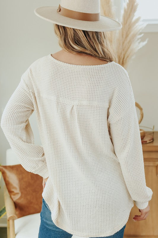 Waffle Knit Split Neck Pocketed Loose Top