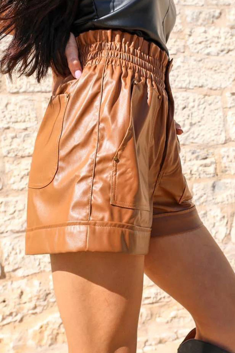 Patch Pocket Faux Leather High Rise Shorts