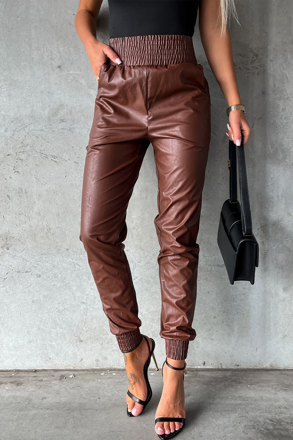 Smocked High-Waist Leather Skinny Pants