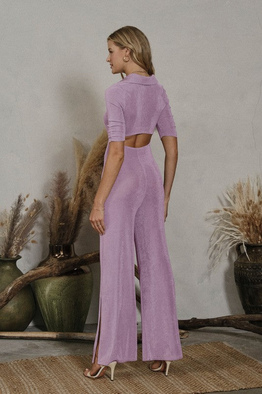 SLINKY COLLAR WITH CUT OUT SHIRRED JUMPSUIT