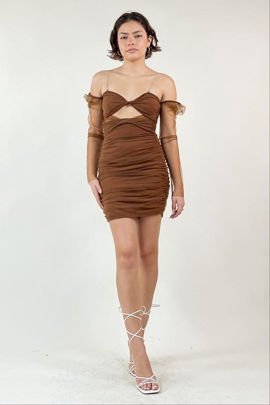 SHEER PLEATED CUT OUT DRESS