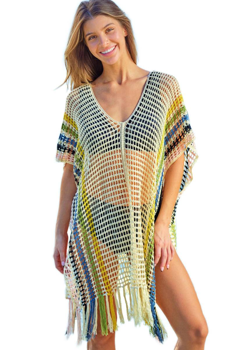 Fringes Striped Crochet Beach Cover Up