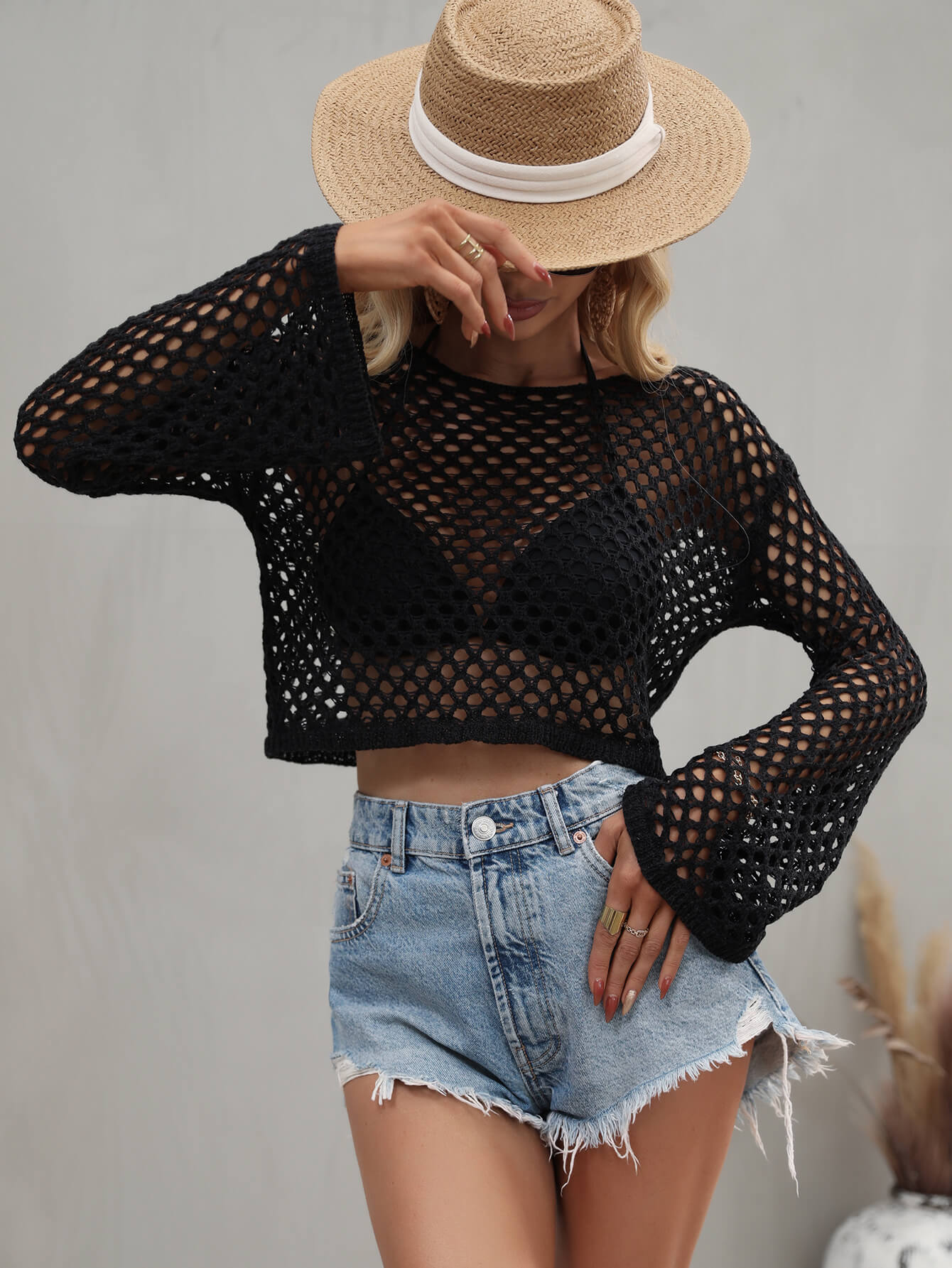 Openwork Flare Sleeve Cropped Cover Up - Love Me