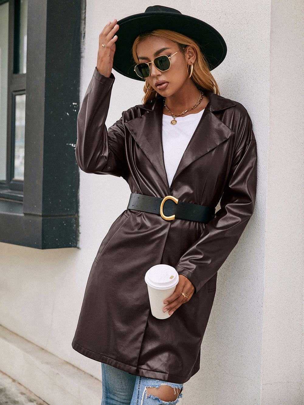 Tie Waist PU Leather Trench Coat
