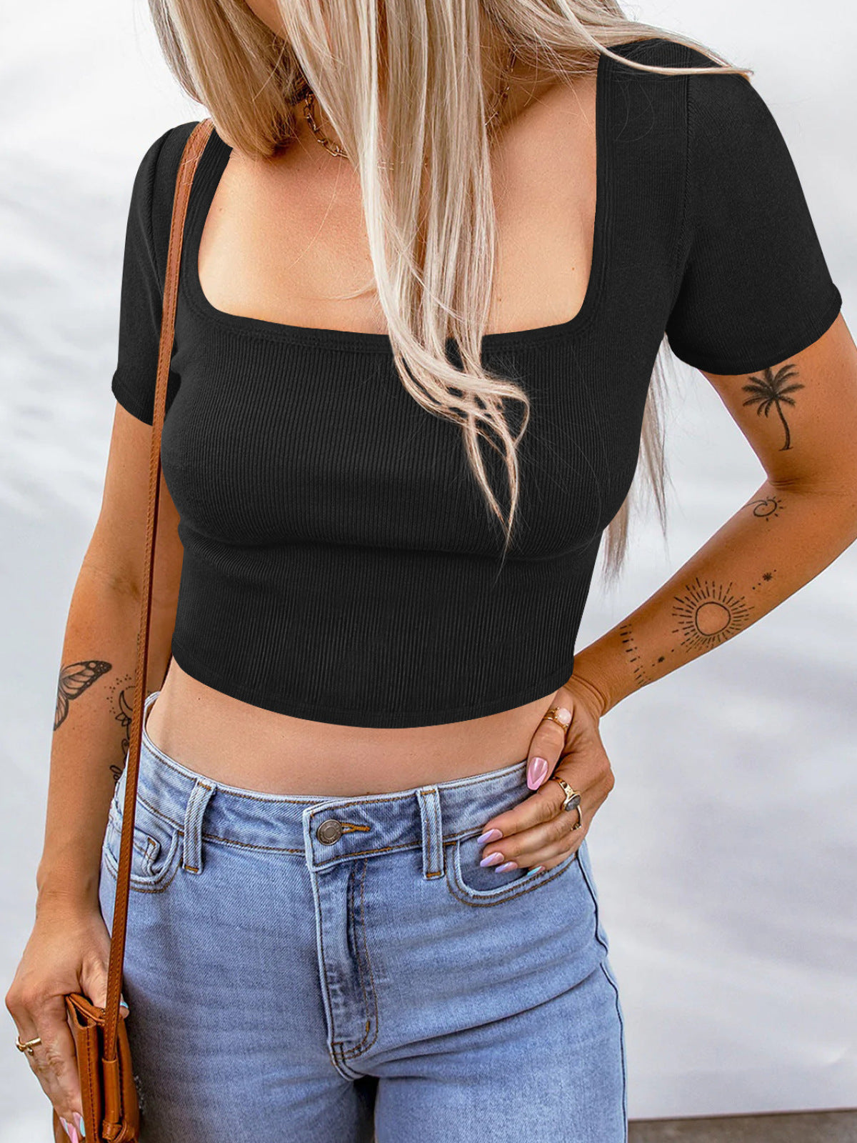 Solid Ribbed Knit Square Neck Short Sleeve Crop Top