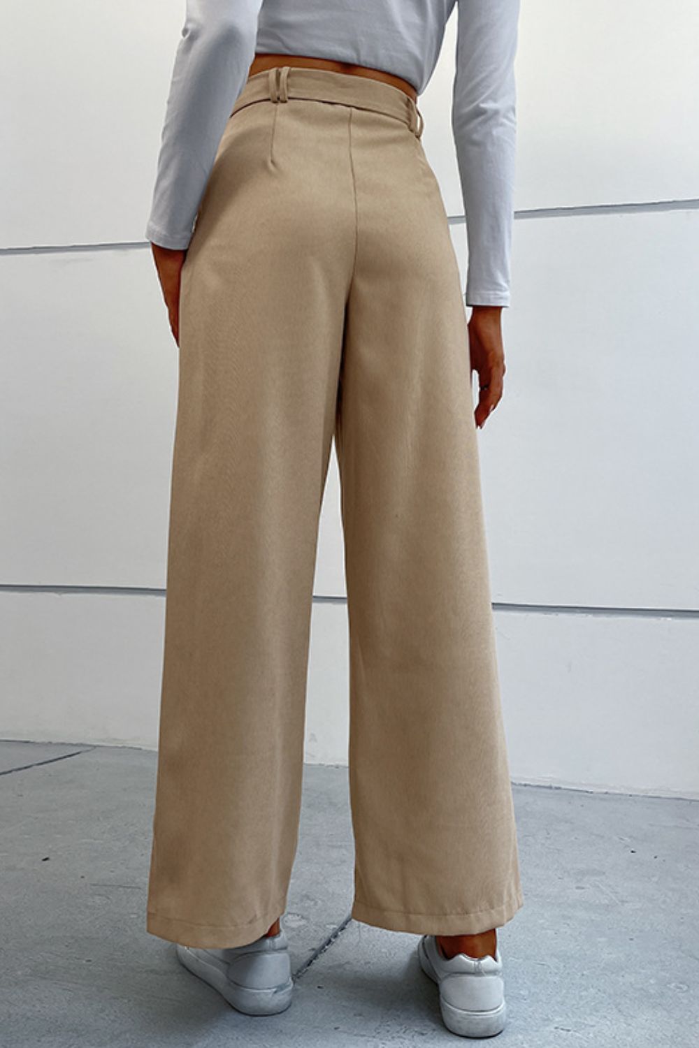 Button Fly Belted Wide Leg Pants with Pockets