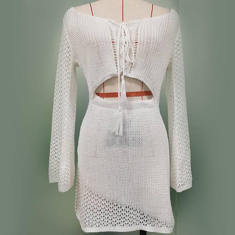 See-Through Cut Out Openwork Lace-Up Cover Up