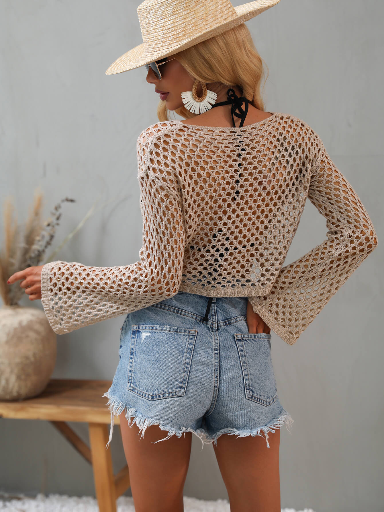 Openwork Flare Sleeve Cropped Cover Up - Love Me