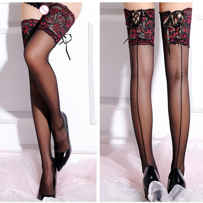 Lace Flower Stay Up  Seamed Stockings Flower - Love Me